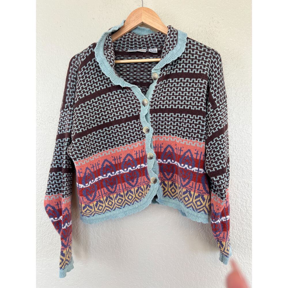 Vintage Boho Knit Cardigan Sweater Eclectic Large Colorful Teal Brown - Picture 6 of 8